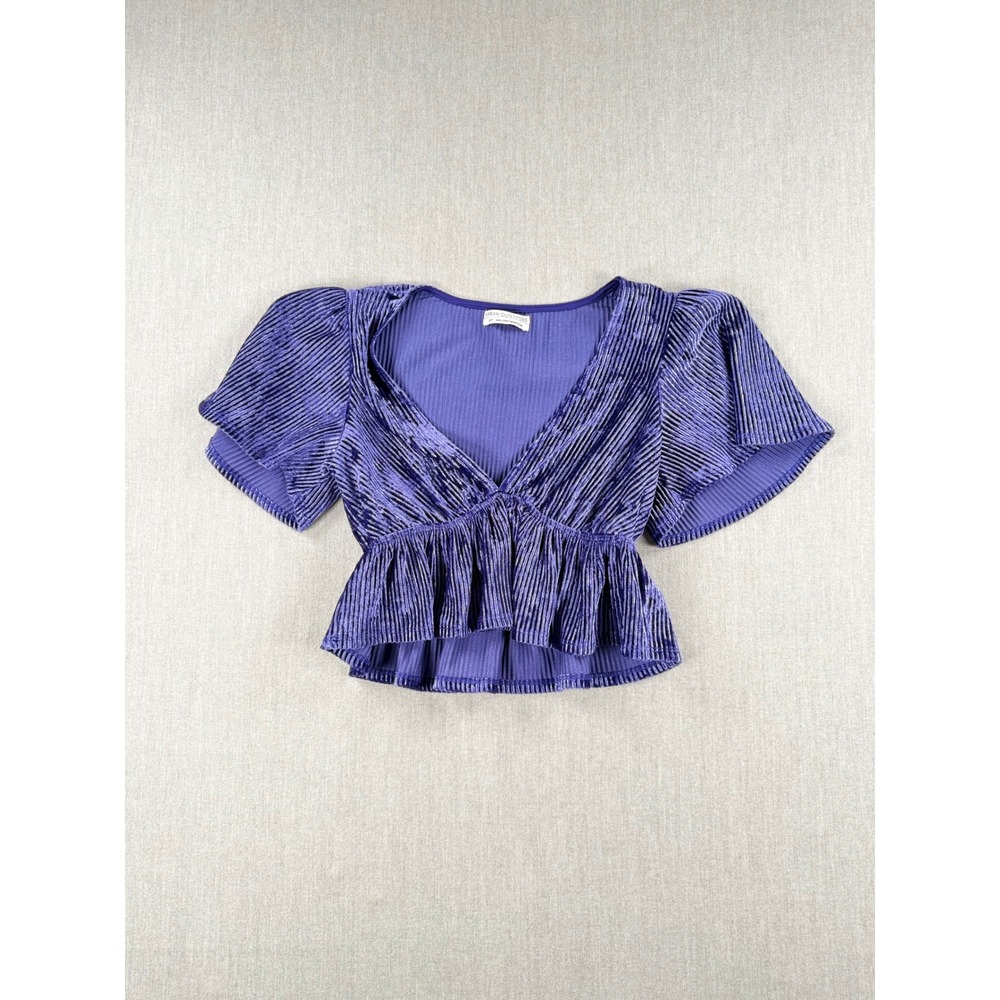 Urban Outfitters Purple Velvet Pleated Peplum V-Neck Crop Top Short Sleeve Small